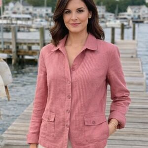 Linen Pink Blazer Pleated Front Rouge Button Up Blazer Classic Collar V Neck 12